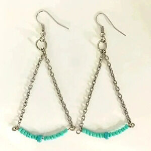 Bauble hand/homemade turquoise and stainless chain dangle earrings 3”